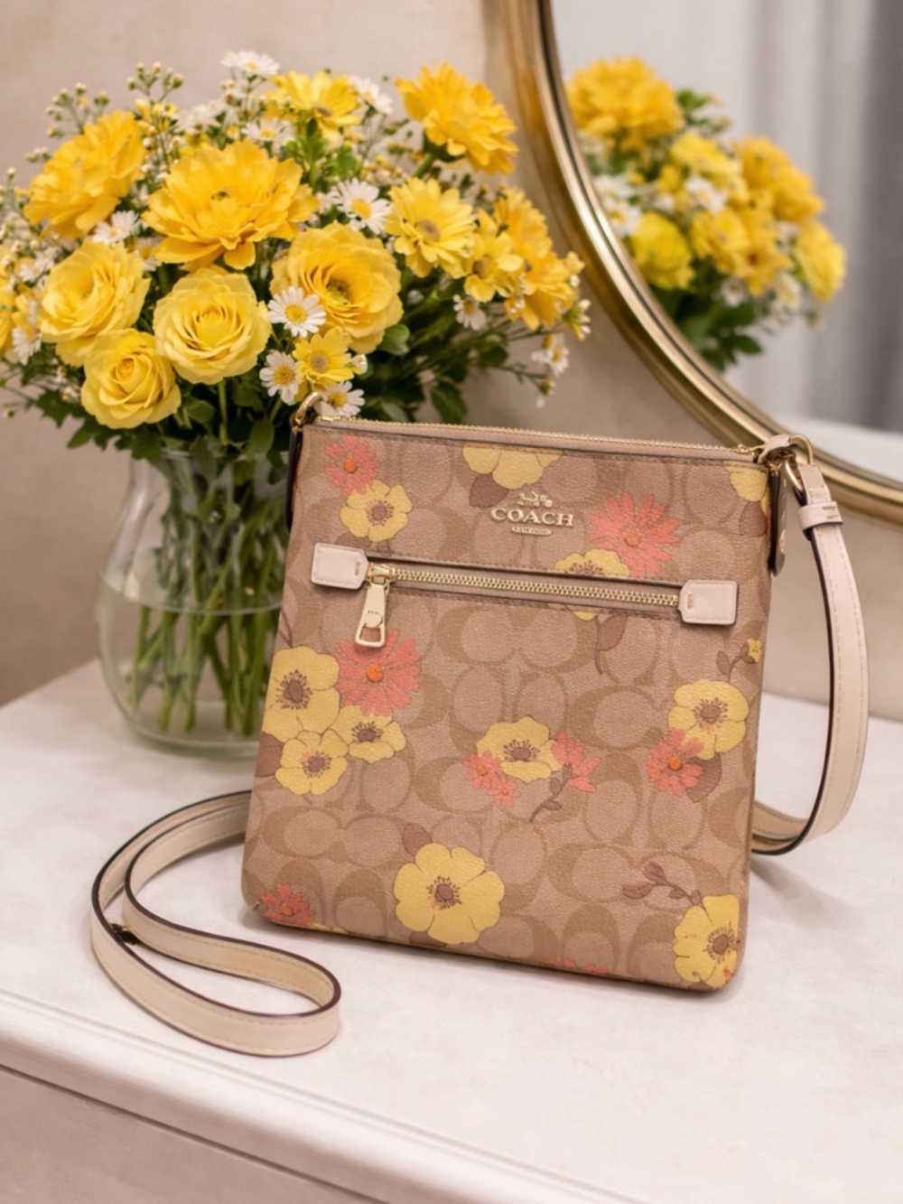 Coach Beige Signature Floral Crossbody with Yellow Accents